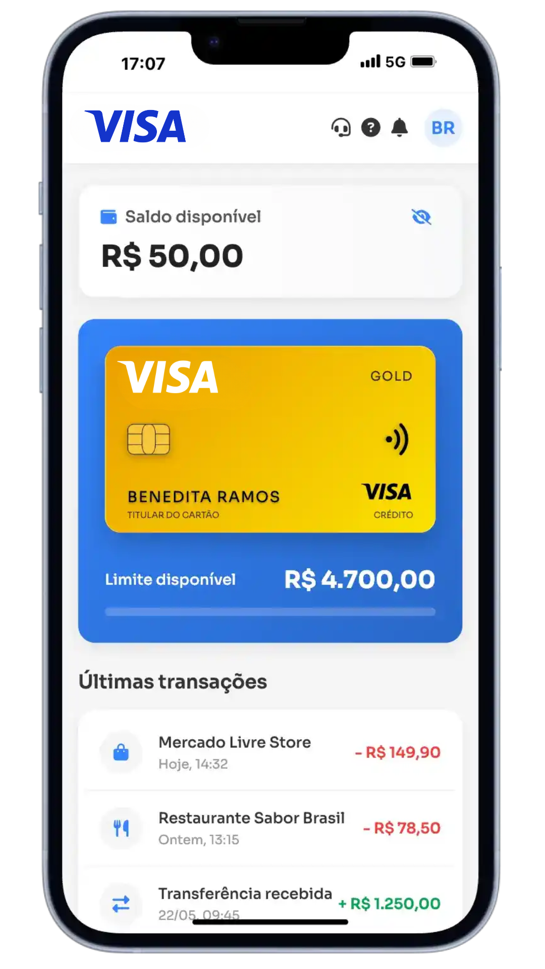 Aplicativo Visa mostrando cartão de crédito